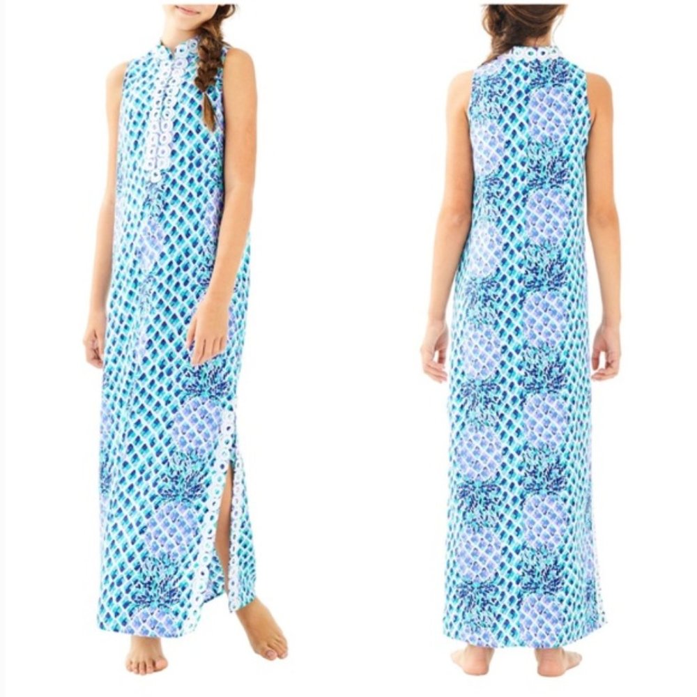 Lilly Pulitzer Sleeveless Maxi Dress GIRLS 10 Blue White Split Hem